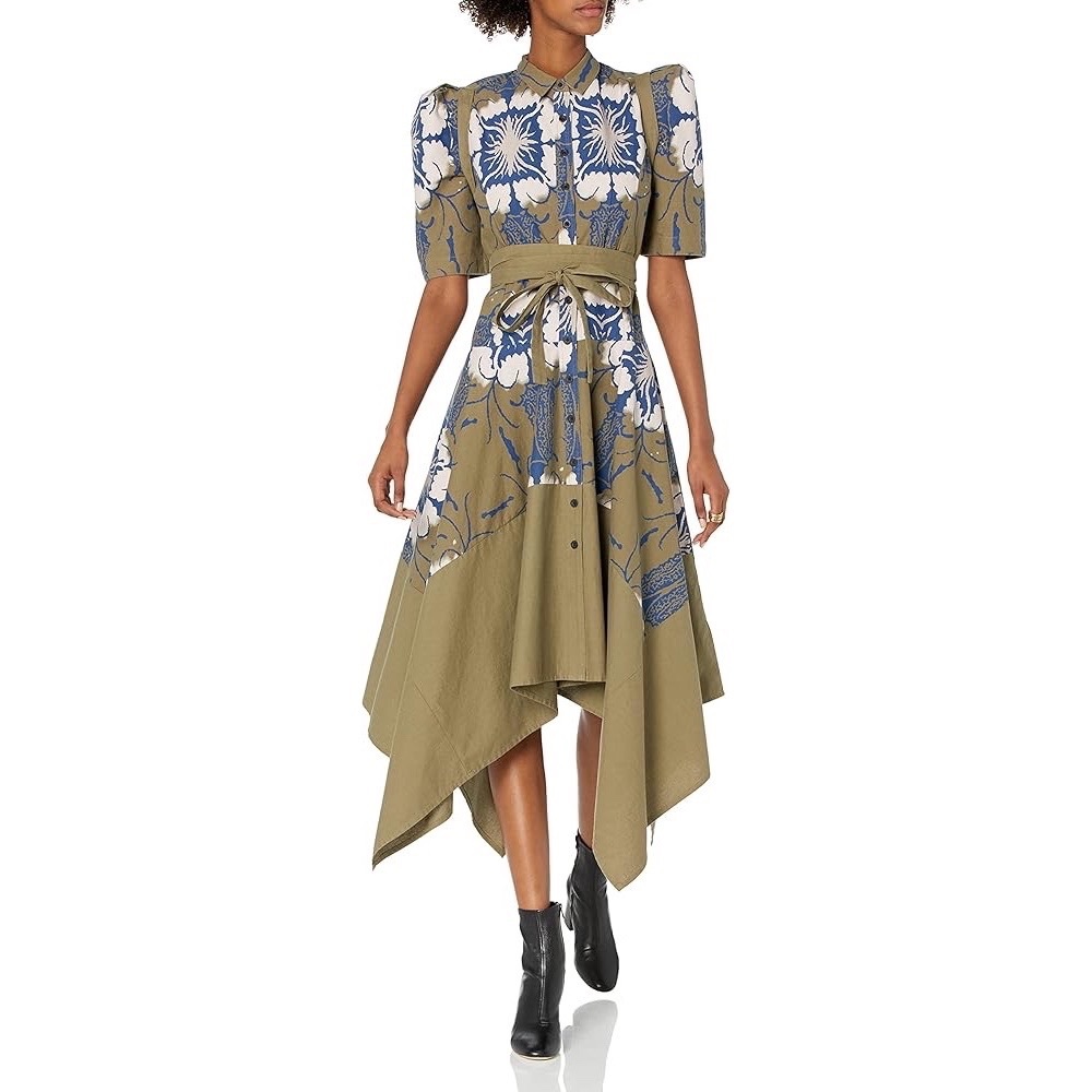 Floral Handkerchief-Hem Dress in Olive & Blue - Making the Cut